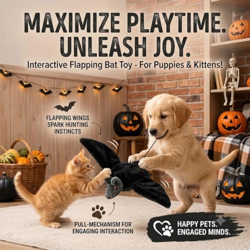 Flying Bat Dog Toy, Flapping Bat Dog Toy, Flapping Wings Interactive Pet Toy, Motion Activated Rechargeable Plush Toy with Chirping Engages Cats and Dogs, Mimics Real Flying Motion