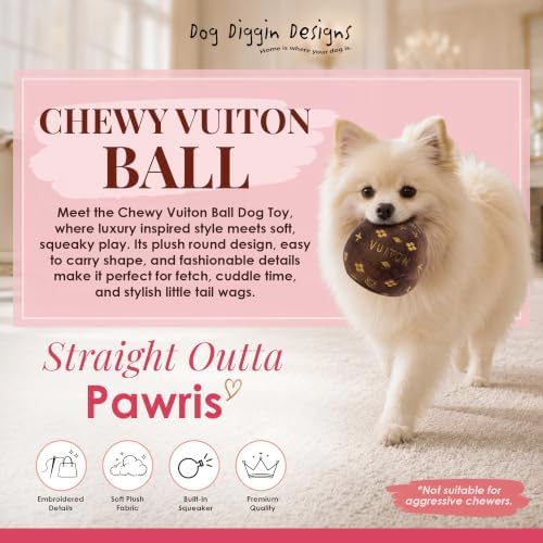 Dog Diggin Designs Chewy Vuiton Plush Squeaky Dog Toy Ball | Luxury-Inspired Parody Designer Ball with Squeaker, Soft Plush Fetch Dog Toy – Prêt-à-Porter Play!