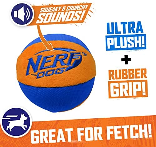 Nerf Dog Trackshot Ball Dog Toy with Interactive Squeaker and Crunch, Lightweight, Durable and Water Resistant, 4.5 Inches, For Medium/Large Breeds, Single Unit, Blue/Orange