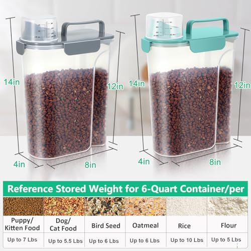 TBMax Pet Dog Cat Food Storage Containers 2 Pack 10 to 14 Lbs, Airtight Cat Food Dispenser with Large Spout & Portable Handle, Travel Dog Treat Storage Bin Bird Seed Container-Cyan+Dark