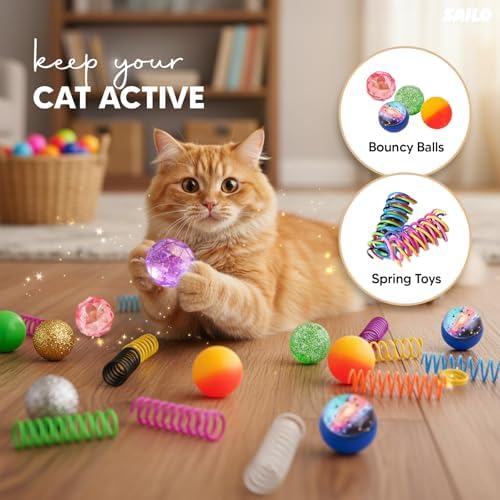 SAILO Cat Nail File Scratcher and Claw Saver Box with Multiple Toys & Grooming Gloves | Interactive Toy for Indoor Cats | Treat Puzzle Enrichment Kit | Perfect Gifting Set for Cat Lovers
