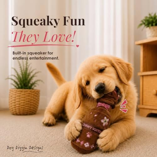Dog Diggin Designs Chewy Vuiton Brown Blossom Pawfum Plush Dog Toy Bottle | Luxury-Inspired Parody Designer Perfume Bottle with Squeaker, Soft Plush Fashion Dog Toy – Prêt-à-Porter Play!