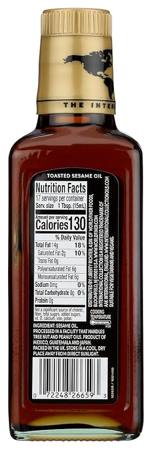 International Collection Toasted Sesame Oil, 8.45 fl oz (Pack of 1) | Expertly Sourced, Quality Oils | NonGMO Project Certified, No Artificial Flavors, Gluten Free, Vegan, Kosher & Halal Approved
