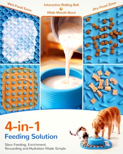 Slow Feeder Dog Bowl, 4-in-1 Enrichment Feeder with Interactive Roller Ball, Puzzle Lick Mat, Converts to Large Capacity Water Bowl, Strong Suction Base, for Dry & Wet Food