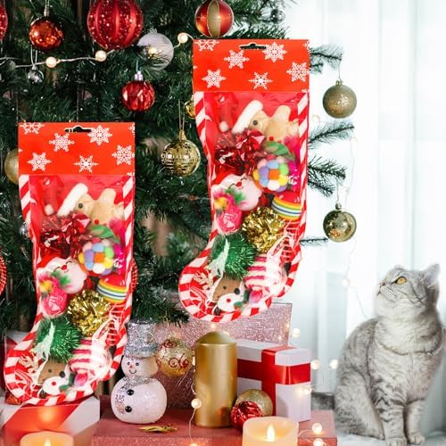 Christmas Stocking Cat Toys, 12PCS Xmas Cat Toy Set with Squeaky Toys, Balls, Cat Teaser