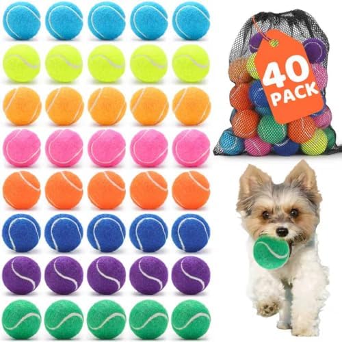 40 Pack 2 Inch Dog Tennis Balls, Small Tennis Balls for Dogs, Dog Safe Non-Abrasive Felt, Bulk Puppy Tennis Ball Set for Small Dogs,with Mesh Bag for Easy Transport(Multicolor