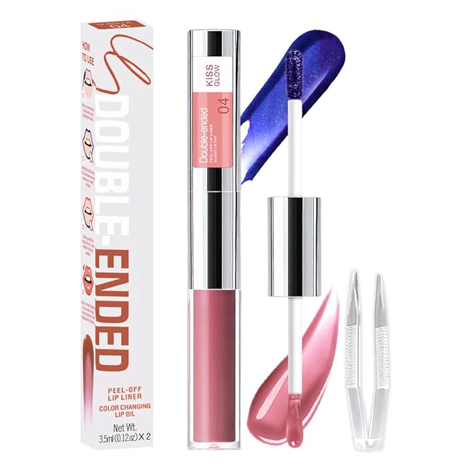 2-in-1 Fuchsia Lip Stain Peel Off & Hydrating Plumping Lip Oil with Tweezer, of Women Long Lasting Waterproof Peel Off Lip liner Tattoo, Highly Pigmented for All Skin Types 04#