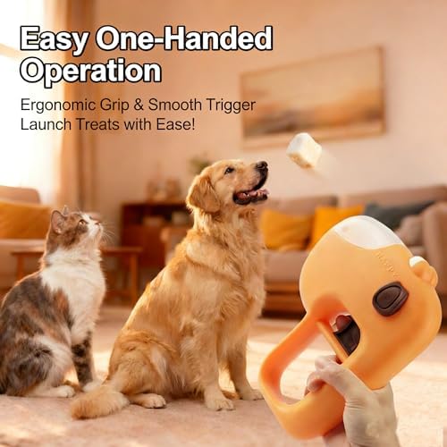Interactive Dog Treat Launcher, Pet Food Catapult for Training & Enrichment, Portable Treat Shooter Toy for Puppy & Cat, Fits Round Dry Kibble, No Batteries Required (Orange)
