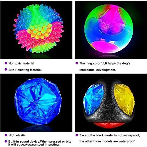Sumind 4 Pieces Light up Squeaky Dog Balls LED Flashing Light up Ball for Aggressive Chewers Glow in the Dark Flashing Ball Pet Squeaky Toy Bounce Activated Toy for Medium Small Dogs Gift