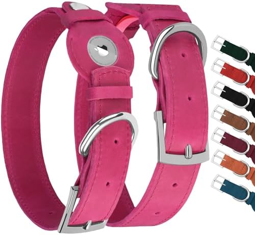 Leather Dog Collar with Airtag Holder - Apple Air Tag Dog Collars - Soft Tracking GPS Pet Collar for Small Medium Large Dogs Breed Puppy (Pink, M, 12"-15" Neck Fit)