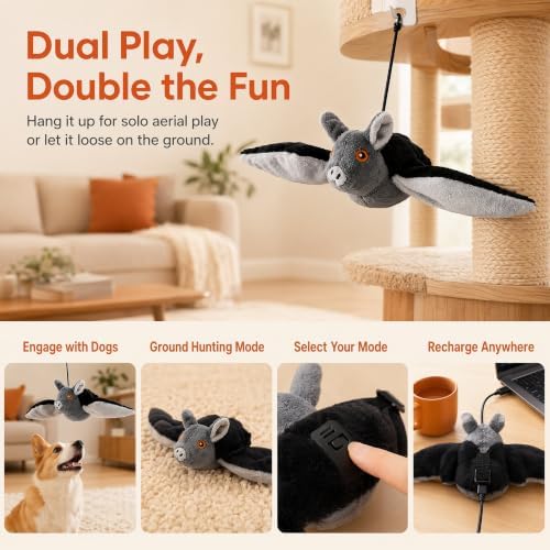 Flying Bat Dog Toy, Touch Activated Flapping Wings Interactive Pet Teaser, Motion Sensor Electric Squeaky Bird Doll for Aggressive Chewers Cats Puppy (B)