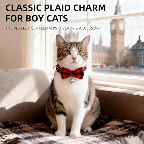 Plaid Breakaway Cat Collar with Bell & Removable Bow Tie – Cotton Kitten Collar with Bells for Boy Cats or Small Dogs. Adjustable Size 7.5-12.2in (1, Red)