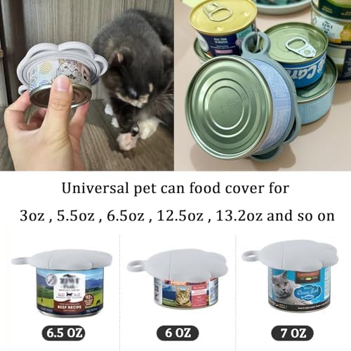 3 Pcs Cat Food Can Covers & One Can Opener | Cute Paw Shape Lids and Opener Spatula Cat Wet Food Spoon | Universal BPA Free Silicone Spoon & Covers for Dog Cat Cans(Grey)