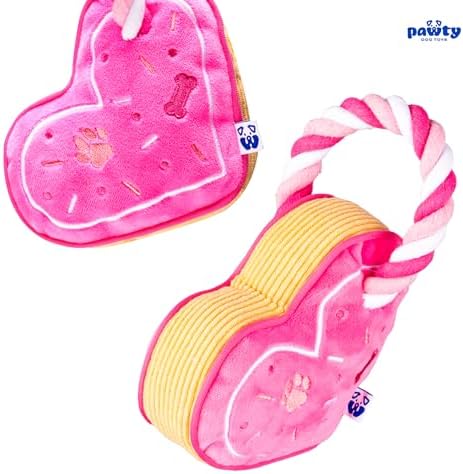 PAWTY Love Heart Dog Toy - Plush Valentine's Gift with Squeaker - Interactive Tug Rope Chew Toy for Small & Medium Dogs - Funny Cute Pink Dog Toy for Birthday, Teething & Playtime - Durable & Adorable