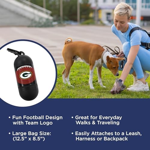 Pets First NFL GREEN BAY PACKERS PET LICENSED Poop Waste Bag Dispenser and D Ring for Leash with 1200 Premium Garbage Bags
