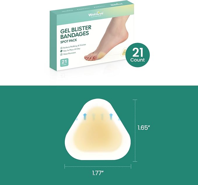 Welnove Gel Blister Bandages for Feet - 21ct Blister Cushion for Heel, Toe - Water-Resistant Hydrocolloid Bandages - Blister Pads for Prevention & Recovery (Spot Pack)