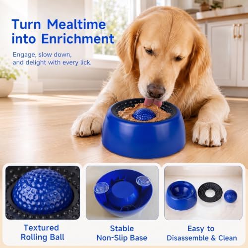 Dog Licking Bowl with Rolling Ball, Interactive Slow Feeder Dog Bowls & Dog Lick Bowl for Boredom Relief, Calming Lick and Roll Bowl for Dogs & Cats with Suction Cups for Wet Food, Peanut Butter