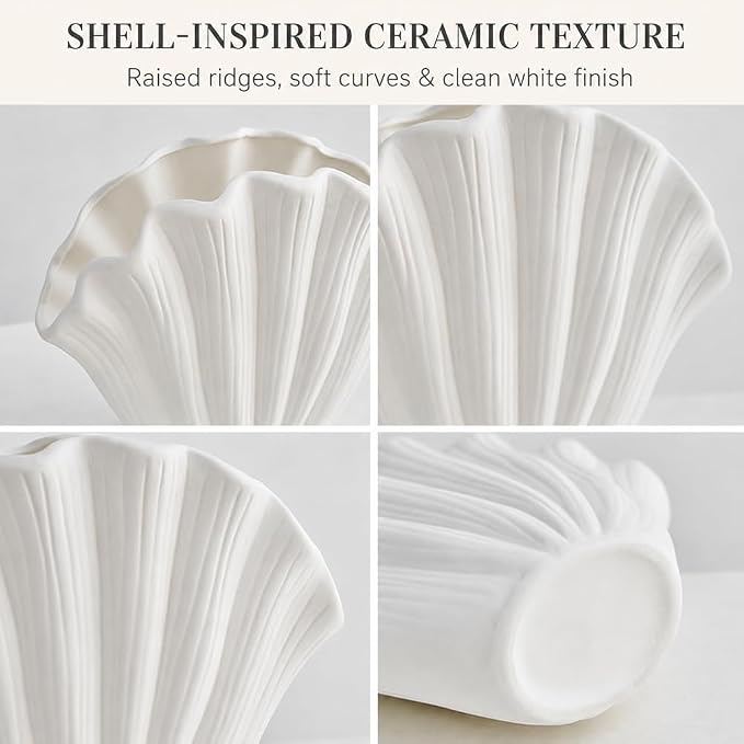 Seashell Vase Set of 2, White Ceramic Shell Vase 6.3" & 5.7", Coastal Sea Shell Vases Decor for Dried Flowers Faux Stem, Beach Nautical Table Decor, Scalloped Aesthetic Vases for Home Accents