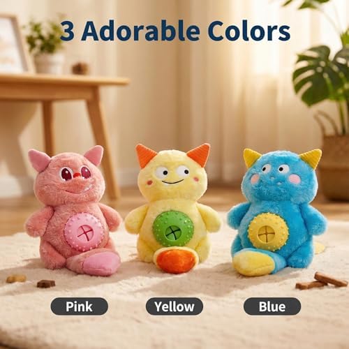 Cute Monster Plush Dog Toy with Squeaky Ball, Crinkle Paper, Treat Dispenser & Washable Design, Interactive Stuffed Chew Toy for Small Medium Dogs, Puppy Teething Toy (Yellow)
