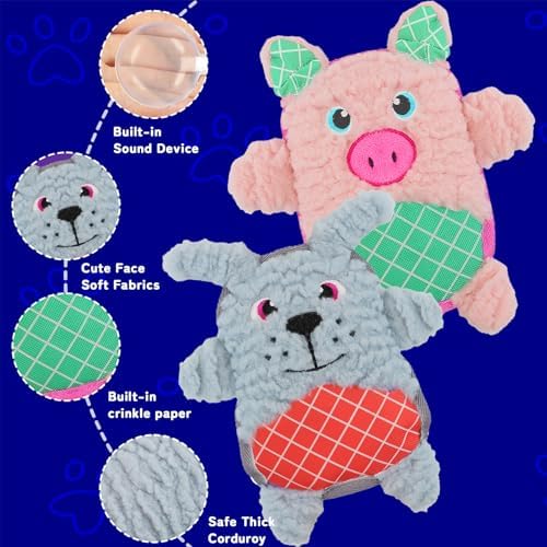 Crinkle Dog Toys Squeaky Plush No Stuffing Cute Puppy Stuffless Tough Rop Pull Toy, Fun Dog Stuffed Animals Durable Chew Set for Small Medium Large Pup (Large, Pink Pig+Blue Dog)
