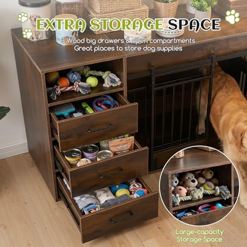 59.8 Inch Large Dog Crate Furniture with 3 Storage Drawers