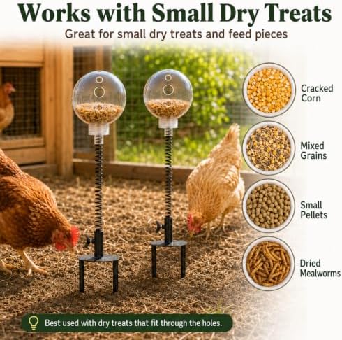 Chicken Treat Dispenser Toy 2 Pack, Spring-Action Treat Balls with Screw-Secured Ground Stakes, Slow Feeder Pecking Enrichment Toys for Hens, Backyard Chickens and Poultry