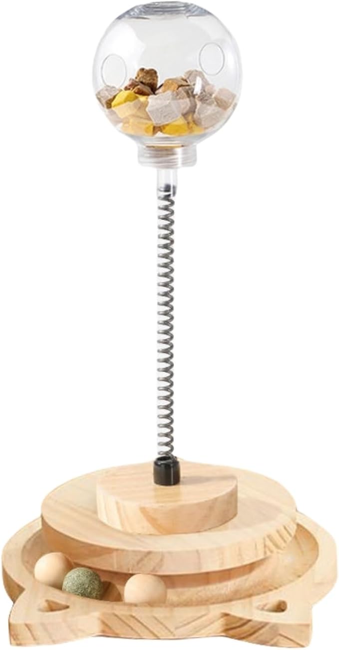 Cat Toy Treat Ball Treat Dispenser Toy, with Catnip,Roller Track Interactive Cats Toys Indoor Kitten, Cat Food Toy Solid Wood Feeder Ball (for Smaller cat Food)