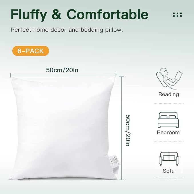OTOSTAR Pack of 6 Throw Pillow Inserts, 20 x 20 Square Cushion Inner Soft Fluffy Plump Stuffer Cushion Pads White Decorative Pillow Inserts
