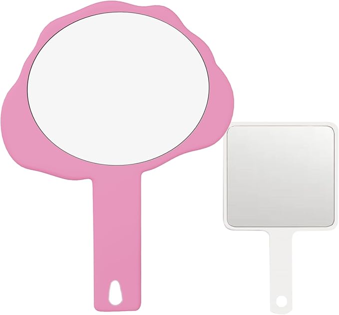 2 Pcs Handheld Mirror with Handle, Plastic Travel Makeup Handheld Cosmetic Hand Mirror for Travel, Pocket Desk Showe Barber, Gift for Your Girlfriend, for Women (Pink, 5.91" Lx 7.87" W)
