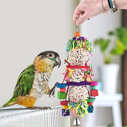 Bissap Conure Toys, Bird Parrot Foraging Shredder Hanging Toys Sola Balls Sepak Takraw with Bell for Small Parrots Parakeets Conures Cockatiels Love Birds Cage Toy (Pack of 2)