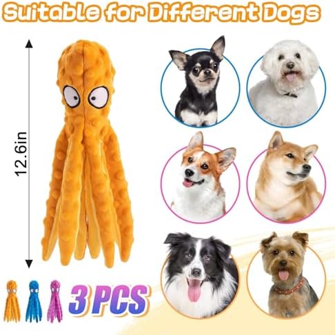 Alphatool 3 Pcs Squeaky Dog Toys, Soft Plush Octopus Crinkle Toys