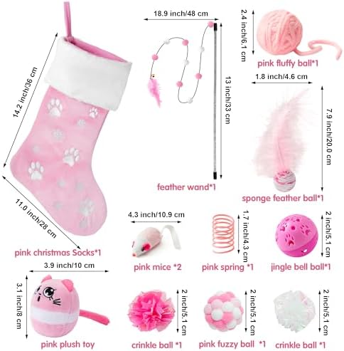 MALLMALL6 Christmas Stocking Cat Toys - 12Pcs Interactive Kitty Gifts Pink Xmas Hanging Stocking Feather Teaser Wand Mice Crinkle Bells Ball Spring Toys for Indoor Kitten