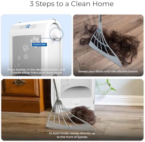 EyeVac Pet & Squeegee Broom Bundle - Touchless Vacuum Automatic Dustpan with Multisurface Sweeping Broom, Corded Bagless Vacuum, 1400 Watt for Cat Dog Pet Hair, Dirt, Food Debris, Kitchen (White)