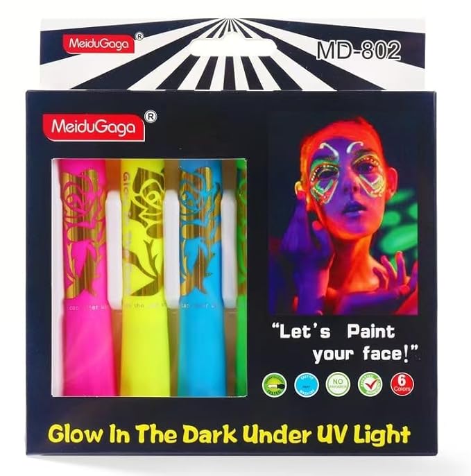 Neon Face Paint Sticks,Glow Face Body Paint,Glow In The Dark Under UV Black Light for Party Cosplay Halloween(6 Neon Color)