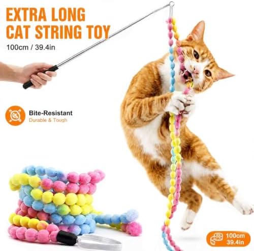 Interactive Cat Wand Toy Set for Indoor Cats, 2 Retractable Teaser Wands with Extra Long String, Handmade Sisal Rope Toys, Worm Refills, Catnip Mouse, 8 Pack