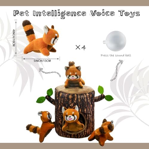 Hide and Seek Dog Toys Squeaky Red Panda Plush Toy with Crinkle Trunk, Interactive Dog Toy to Keep Them Busy Pet Chew Toys for Small & Medium Dogs (Tree Trunk Hideout with 4 Red Panda)