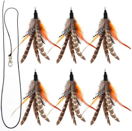 miwoowim 7PCS Cat Wand Refills, 6 Natural Feathers & Replacement String