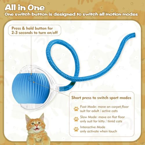 Interactive Cat Ball Toys for Indoor Cats, Upgraded Automatic Cat Toys for Bored Indoor Adult Kitty, Peppy Pet Ball for Cats, 360°Smart Rolling Kitty Balls Toy (Blue)