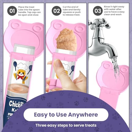 Lickable Cat Treat Spoon, Puree Squeeze Feeder, Silicone, Pink