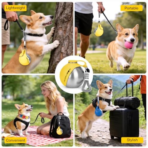 Portable Dog Water Bottle 10oz Stainless Steel Travel Dog Water Dispenser with Bowl No-Spill Puppy Water Bottle for Walking Hiking Small Dog Water Bottle (Yellow)
