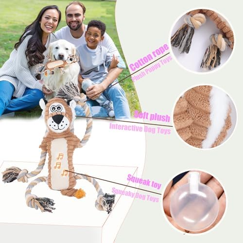 Squeaky Dog Toys Interactive Durable Rope-Infused Lion Shape Puppy Chew Toys for Small, Medium and Big Dogs