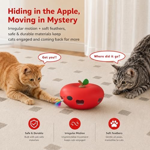 Cat Toys, Rechargeable Interactive Kitten Toys, Smart Sensor Automatic Feather Toy with 6 Random Holes, Quiet USB Powered Pop-Up Kitten Toy Simulates Hunting for Indoor Cats, Red