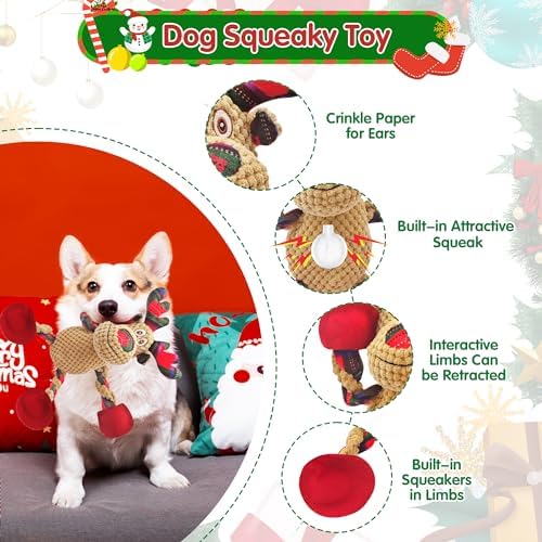Christmas Plush Squeaky Dog Toy With Crinkle Paper, Cute Puppy Toys With Cotton, Durable Interactive Chew Toys for Small Medium Large Breed