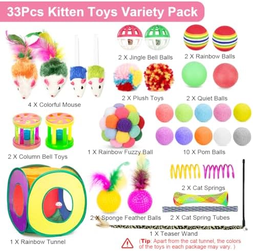 Retro Shaw 33Pcs Cat Toys with Tunnel, Kitten Toys for Indoor Cats | Interactive Cat Feather Teaser Wand Springs Pompom Ball Bell Plush Mice for Kitty Exercise Game
