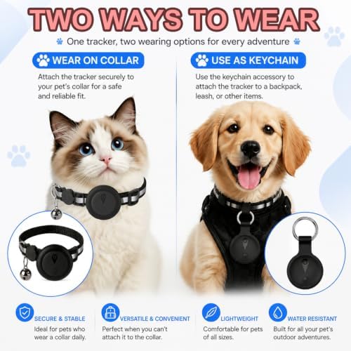 Pet GPS Tracker Collar for Cats,Mini GPS Dog Tracker,No Monthly Fee Location,Smart Pet Activity Tracker,Works with Apple iOS Find My,IP67 Waterproof Finder Tag Global Tracking-Black