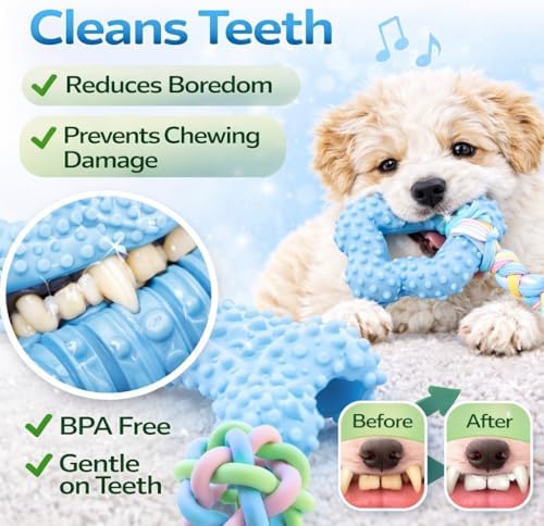 Puppy Chew Toys, 6 Pack Puppy Teething Toys for Small Breed, Soft Rubber Cute Blue Dog Toys, Eco-Friendly, Teeth Cleaning Interactive Tiny Puppy Toys for Small Dog (Basket not Included)