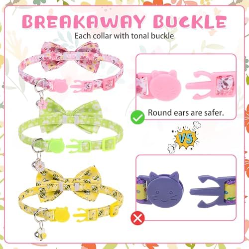 KOOLTAIL Cute Cat Collar Breakaway with Bow Tie and Bell, 3 Pack Adjustable Fancy Flower & Bee Kitten Collar with Charm Pendant & Safety Buckle for Girls Boys Kitty,Daisy & Sakura