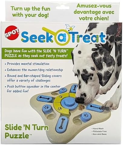 SPOT Seek A Treat Slide' N Turn Puzzle -Interactive Dog Puzzle Toy for Small, Medium & Large Smart Dogs and Cats, Squeaky, Enrichment and Mentally Stimulating Toy for Training and Boredom Buster