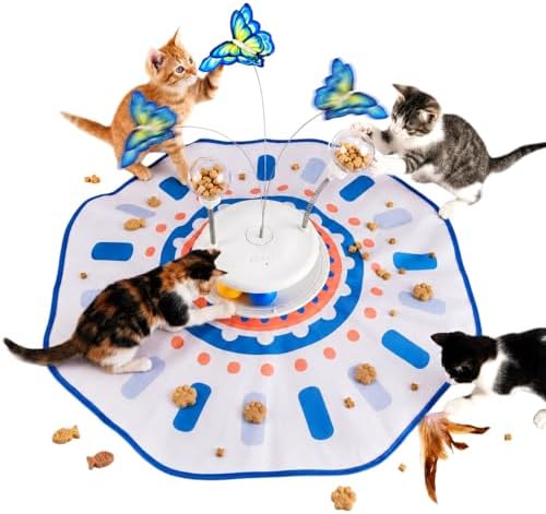 MOHAYA Interactive Cat Toy 5-in-1, Smart Automatic Cat Toys for Bored Indoor Cats, Motion & Sound Activated Toy with Fluttering Butterfly, Moving Feather, Track Balls & Slow Feeder Treat Dispenser