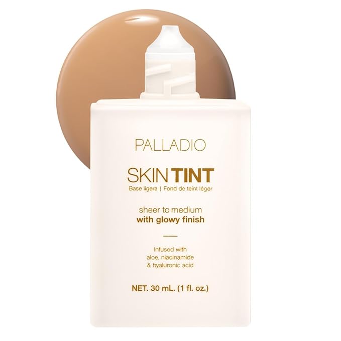 Palladio Skin Tint with Aloe, Niacinamide and Hyaluronic Acid, Sheer to Medium Coverage, Glowy Finish, Brightening and Blurring Lightweight Foundation Makeup (Tan Honey)